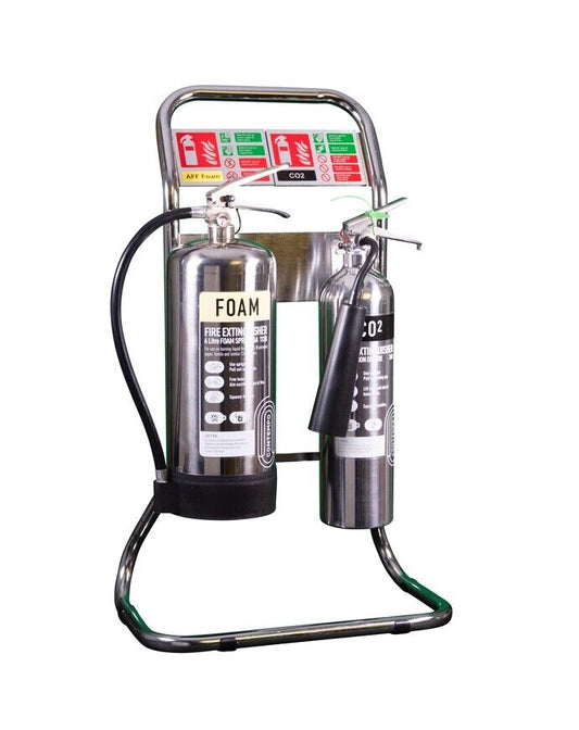 Silver Chrome Fire Extinguisher Set (6L Fluroine Free Foam, 2KG Co2, Double Stand, Signs)