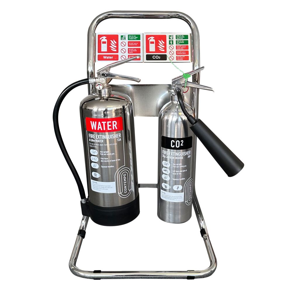 Silver Chrome Fire Extinguisher Set (Water, Co2, Stand, Signs)